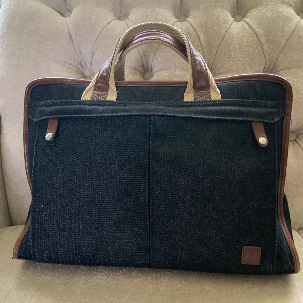 Black Canvas denim laptop Briefcase with Brown Trim and Rope Handles